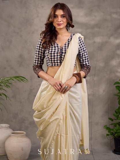 Black and White Checkered Cotton Blouse with 3/4th Sleeves and Ajrakh Print Cuff Border