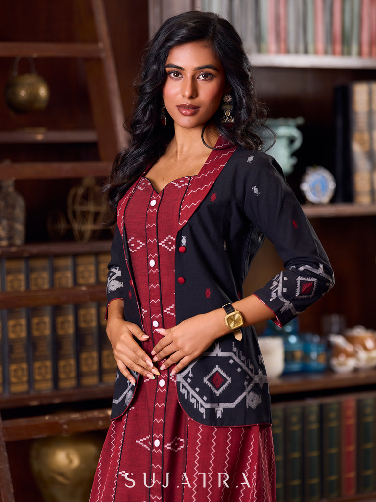 Classic Black Woven Jamdani Jacket With Rich Maroon Contrasting Collar