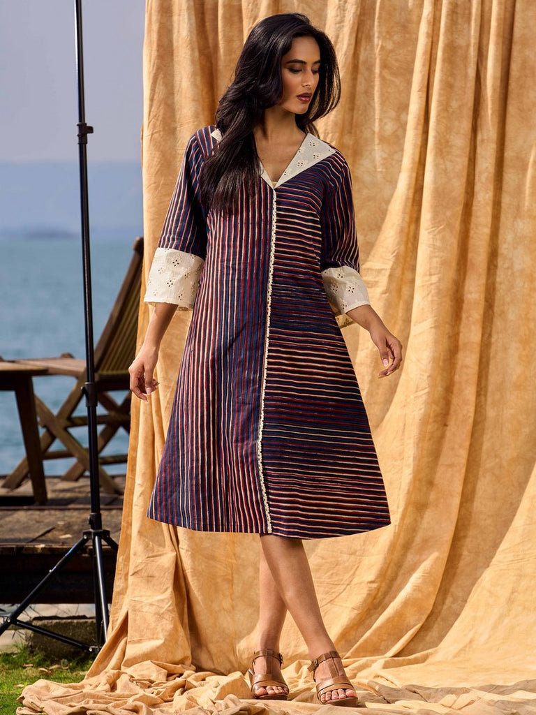 Indigo And Maroon Striped Cotton Dress With Contrast Lace & Hakoba Accents