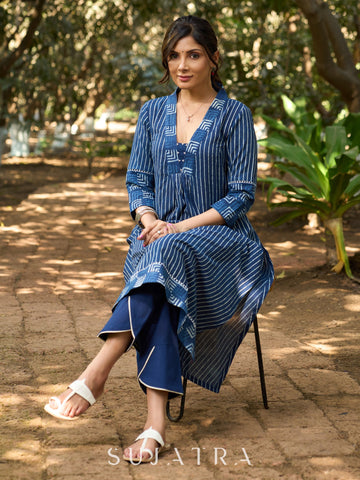 Indigo Stripe Handblock Cotton Kurta with Geometric Patchwork, V Neckline & Joint Lace Detailing