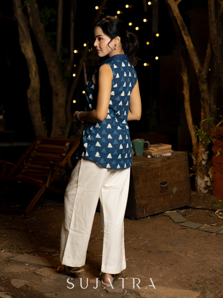 Indigo Sleeveless Shirt with Geometric Patterns