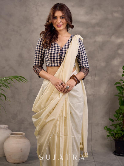 Black and White Checkered Cotton Blouse with 3/4th Sleeves and Ajrakh Print Cuff Border