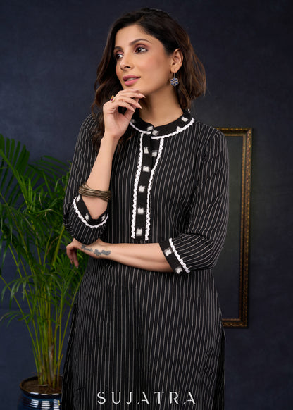 Black Cotton Ikat Collared Kurta With A Stylish And Comfortable Ethnic Look.