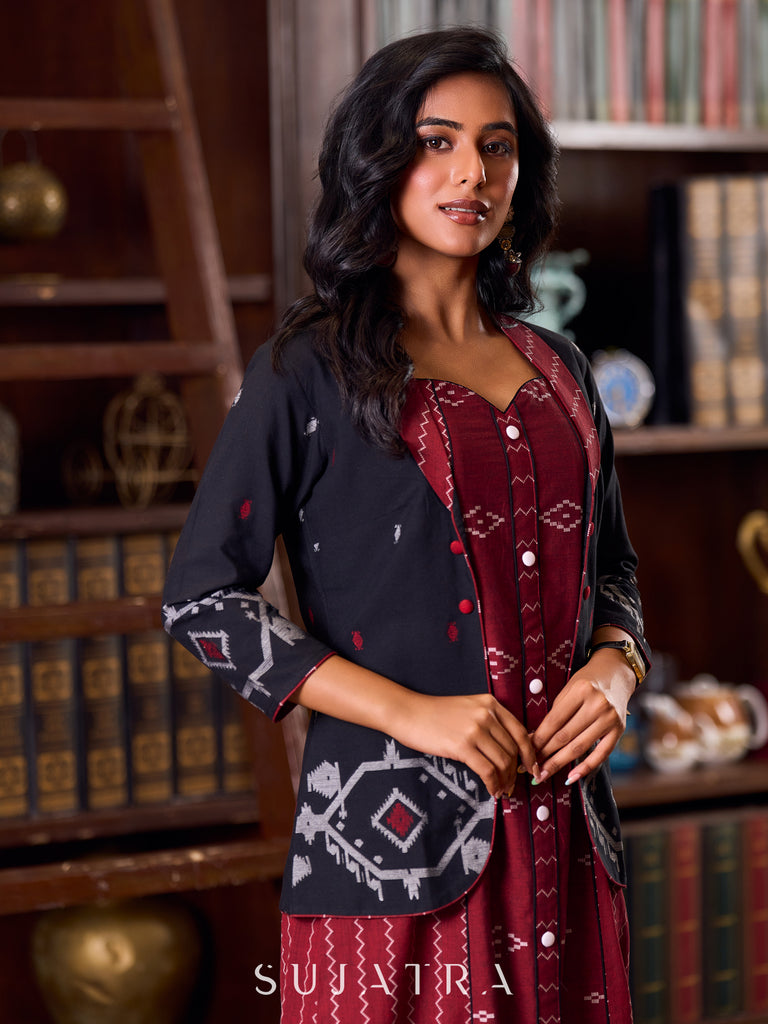 Classic Black Jamdani Weave Cotton Jacket Enhanced with a Rich Maroon Jamdani Collar