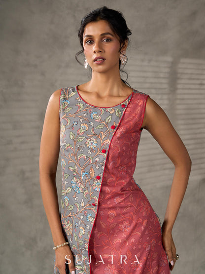 Grey and Rust Kalamkari inspired floral vine printed overlap dress with red accents
