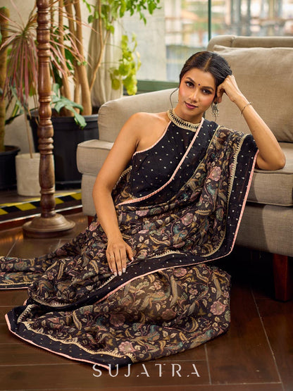 Mystic Black Kalamkari Print Chanderi Saree with Dotted Border & Pink Hem