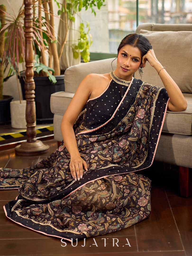 Mystic Black Kalamkari Print Chanderi Saree with Dotted Border & Pink Hem