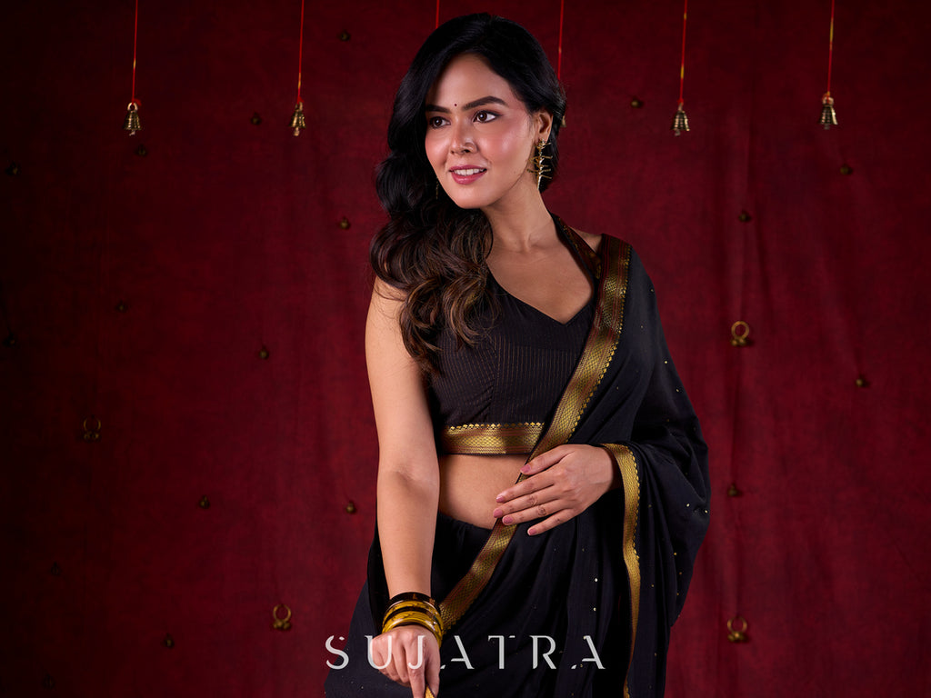 Black Heritage Handloom Blouse with Golden Self Stripes & Zari-Embellished Border