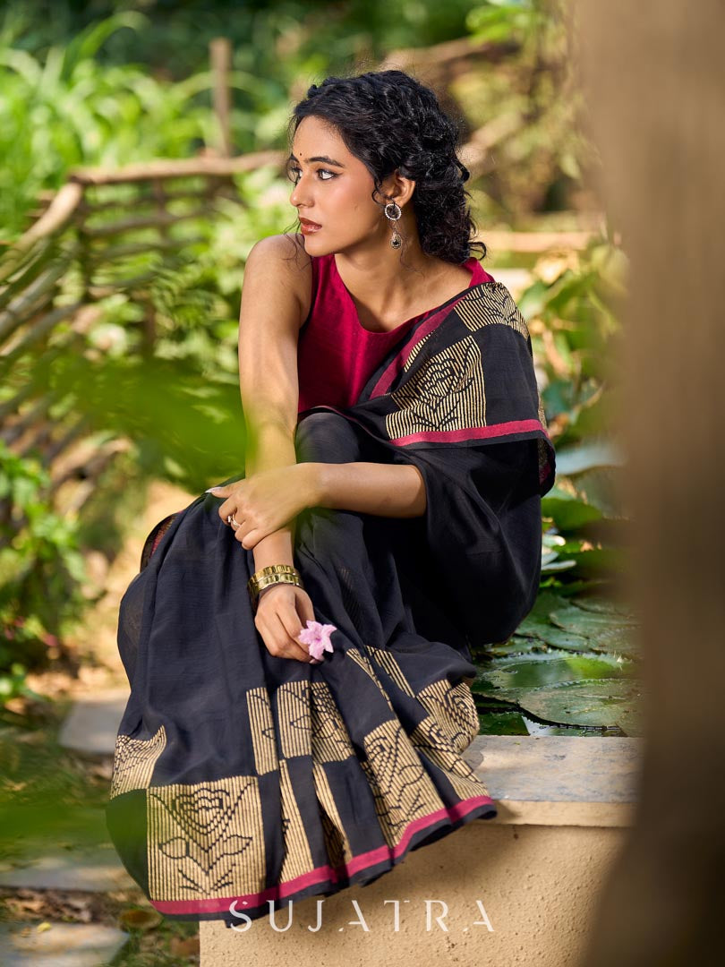 Timeless Black Cotton Saree with Classic Hand Block Print and Contrasting Border Detailing