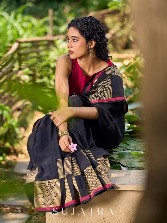 Timeless Black Cotton Saree with Classic Hand Block Print and Contrasting Border Detailing