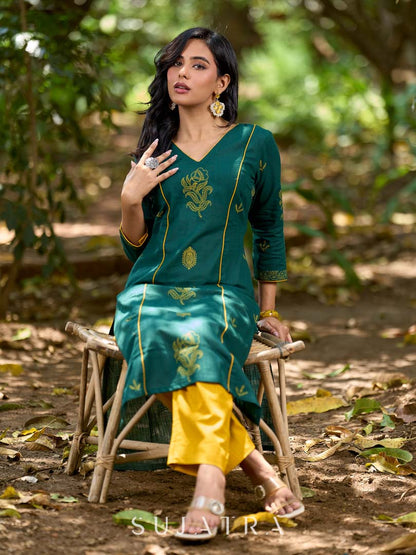 Elevated Bottle Green Cotton Kurta with Delicate Floral Hand Block Motif and Mustard Accents