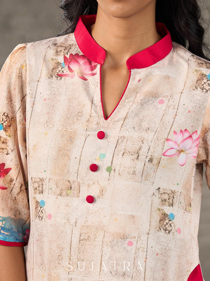 Pichwai-inspired off white lotus print dress with pink accents.