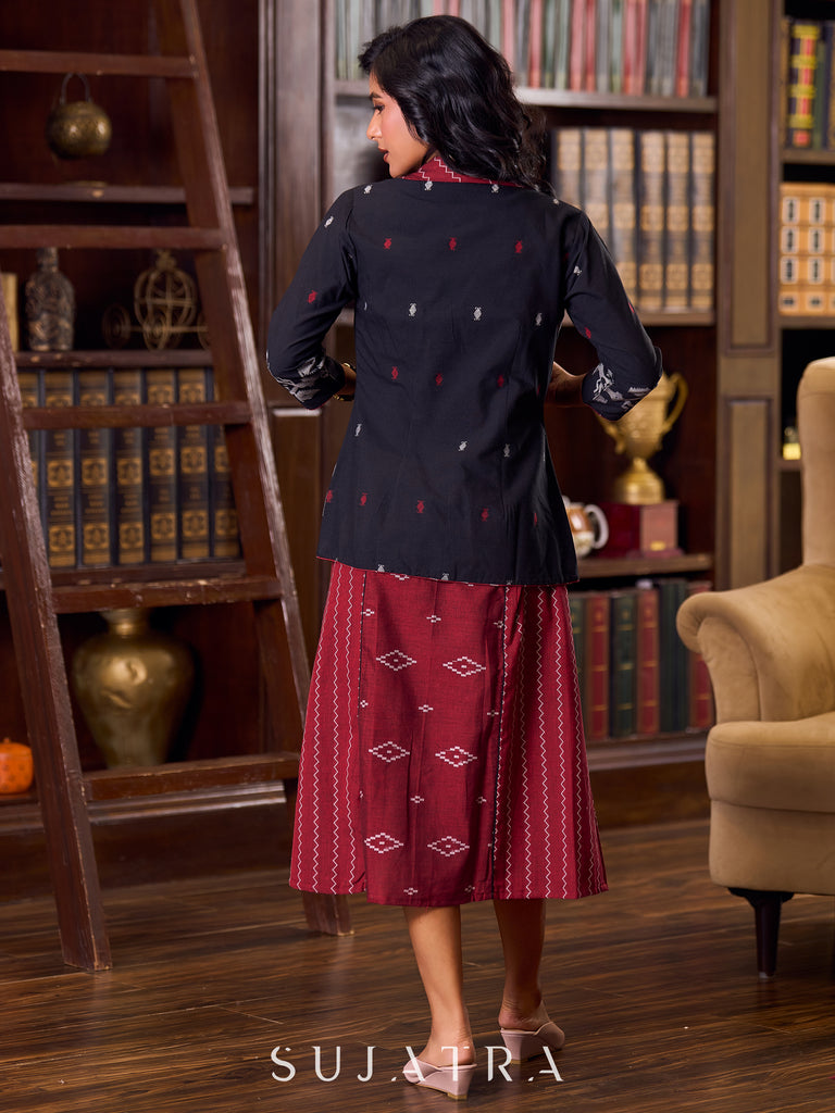 Classic Black Jamdani Weave Cotton Jacket Enhanced with a Rich Maroon Jamdani Collar