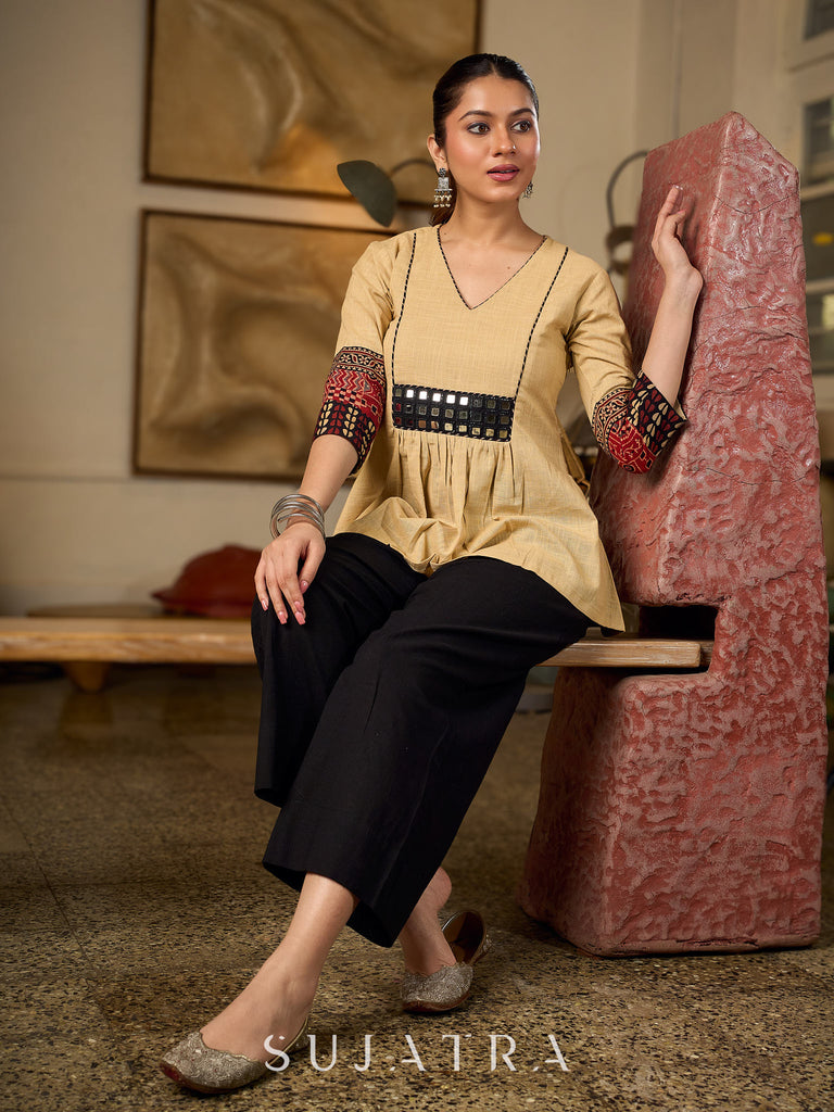 Chic Beige Cotton Top Enhanced With Ajrakh Print Sleeves & Embellished Kutch Mirror Work Yoke