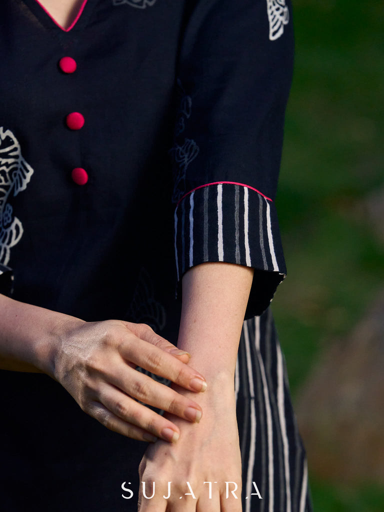 Black Cotton Kurta with Fish Print and Striped Panels Accentuated with Magenta Highlights
