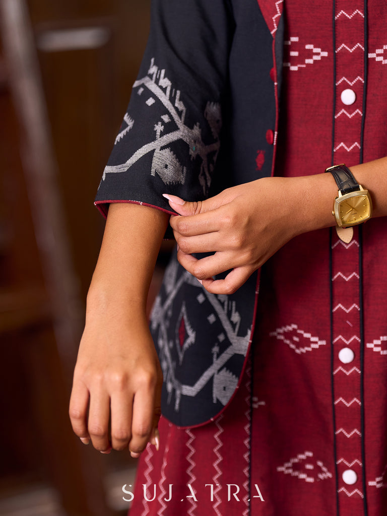 Classic Black Jamdani Weave Cotton Jacket Enhanced with a Rich Maroon Jamdani Collar