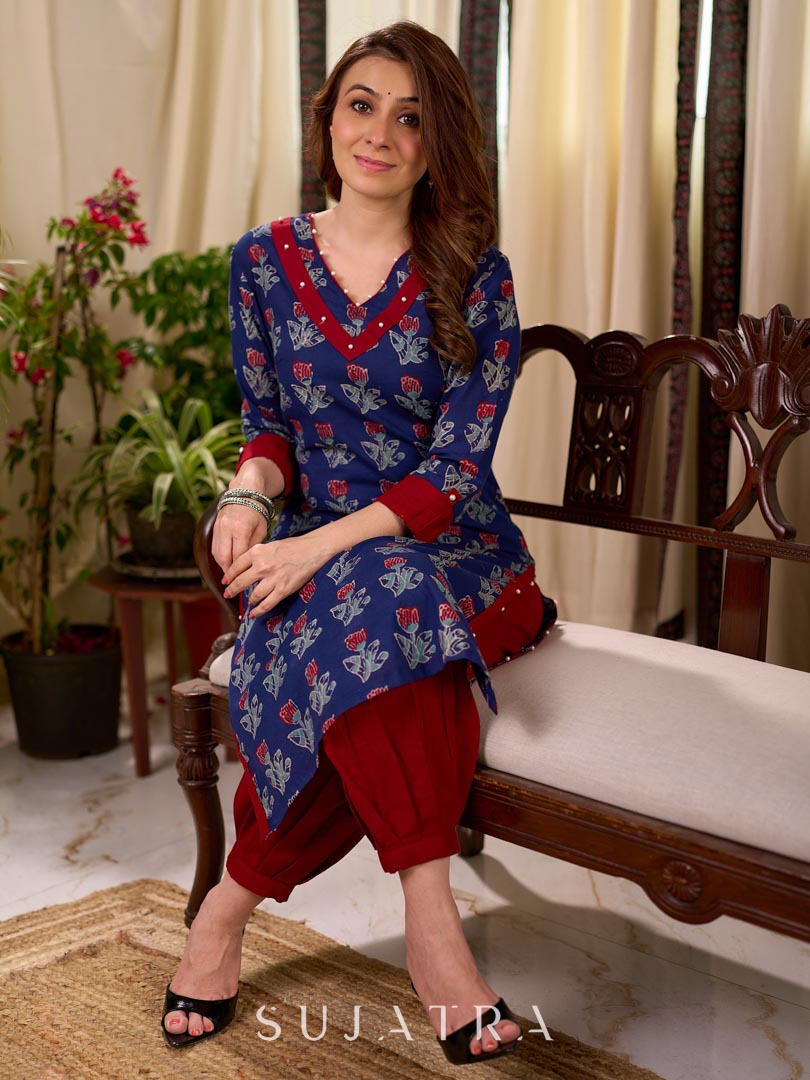 Elegant Navy Blue Tulip Buti Print Cotton Kurta with Pearl Embellished Neckline