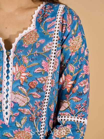 Blue Blossom Mul Cotton Printed Kurta with Delicate Lace Accents