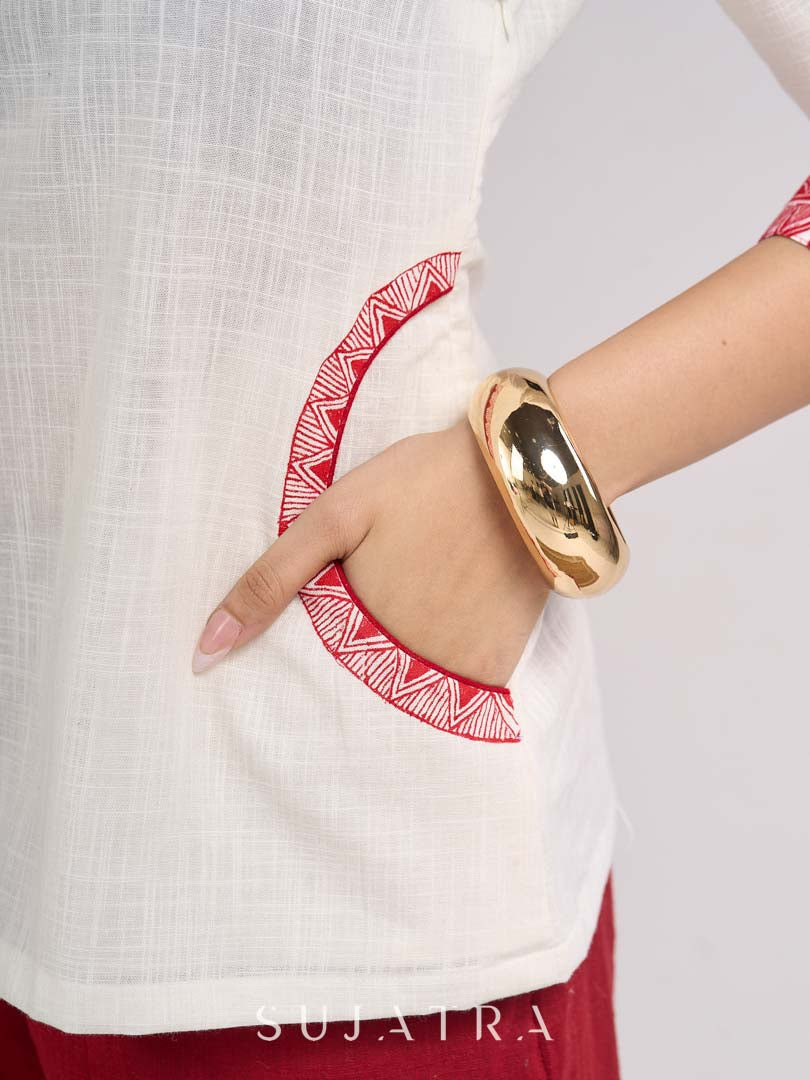 Ivory Cotton Straight Top with Madhubani Hand Painted Sleeves and Pockets