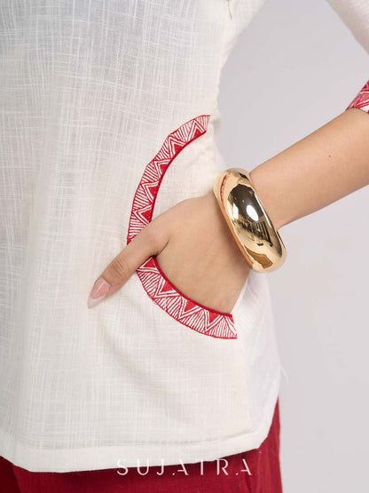 Ivory Cotton Straight Top with Madhubani Hand Painted Sleeves and Pockets