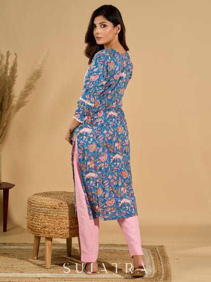 Blue Blossom Mul Cotton Printed Kurta with Delicate Lace Accents