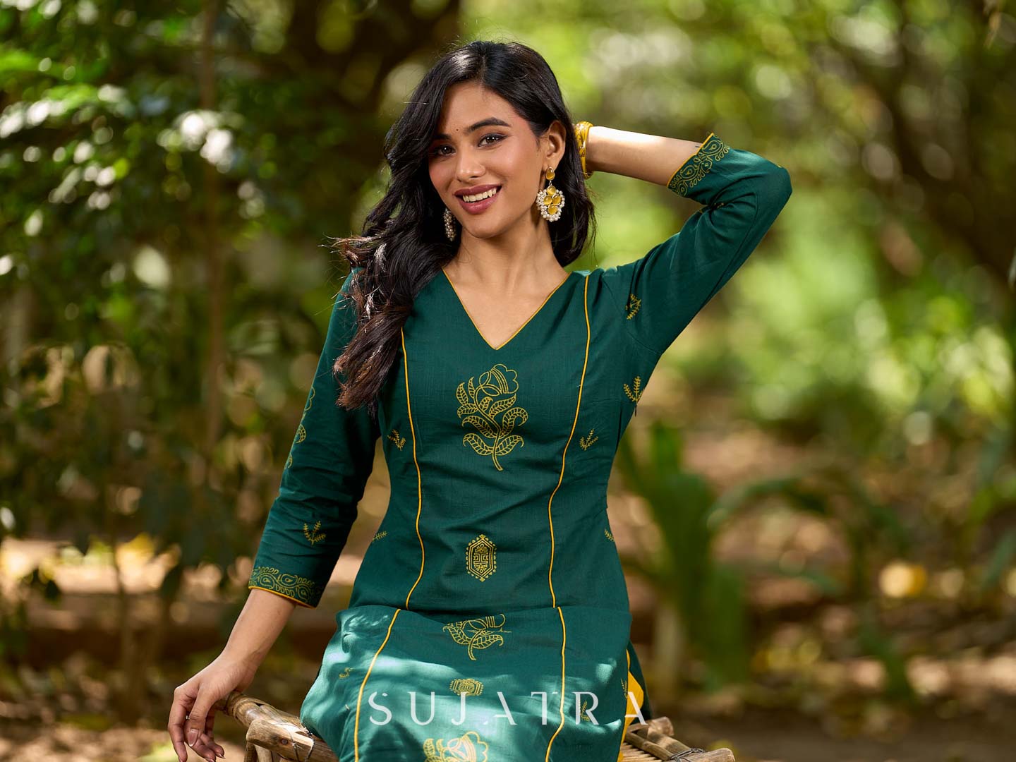 Elevated Bottle Green Cotton Kurta with Delicate Floral Hand Block Motif and Mustard Accents