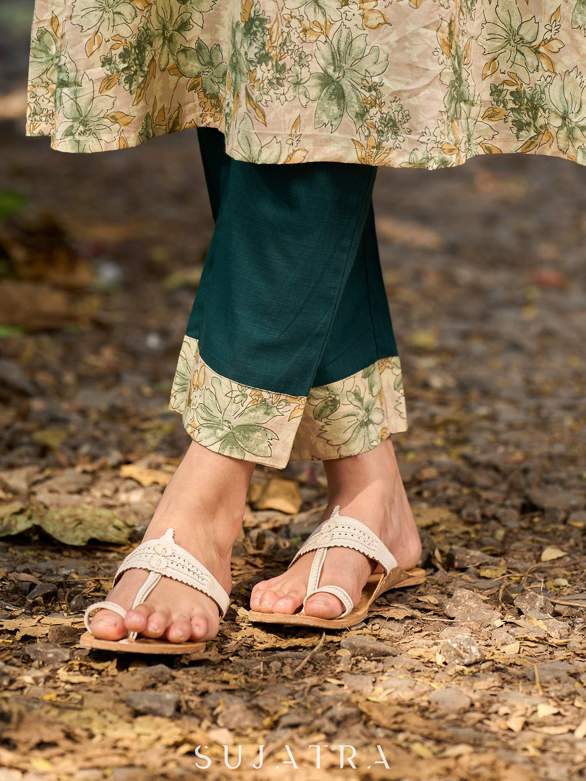 Soft cream delicate floral a line kurta with refined bottle green accents