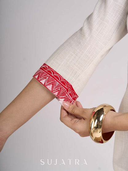 Ivory Cotton Straight Top with Madhubani Hand Painted Sleeves and Pockets