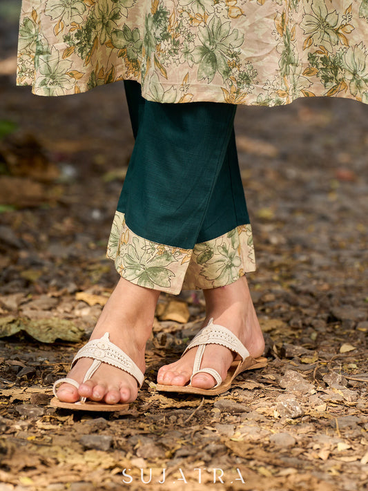 Chic Bottle Green Pant with Delicate Floral Border