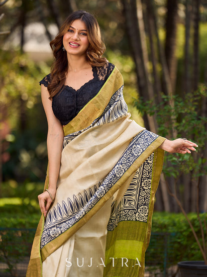 Ivory Handwoven Tussar Silk Saree with Traditional Gold Zari Detailing
