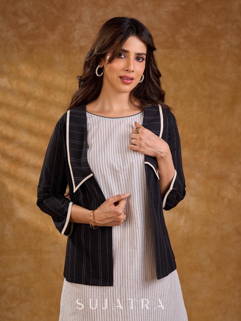 Ebony Black Stripe Cotton Cropped Formal Jacket with Sailor Collar and Ivory Trim