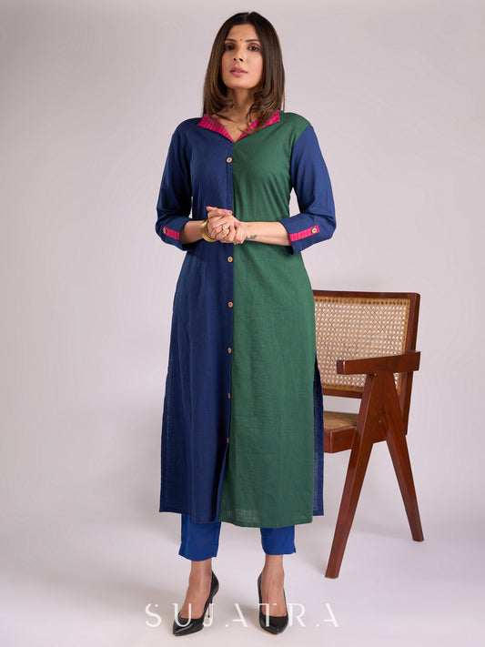 Striking Navy Blue & Green Dual-Tone Kurta with Contrasting Pink Collar