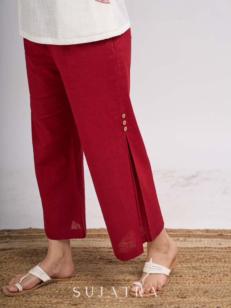 Maroon Cotton Classic Parallel Pants with Buttoned Side Pleat