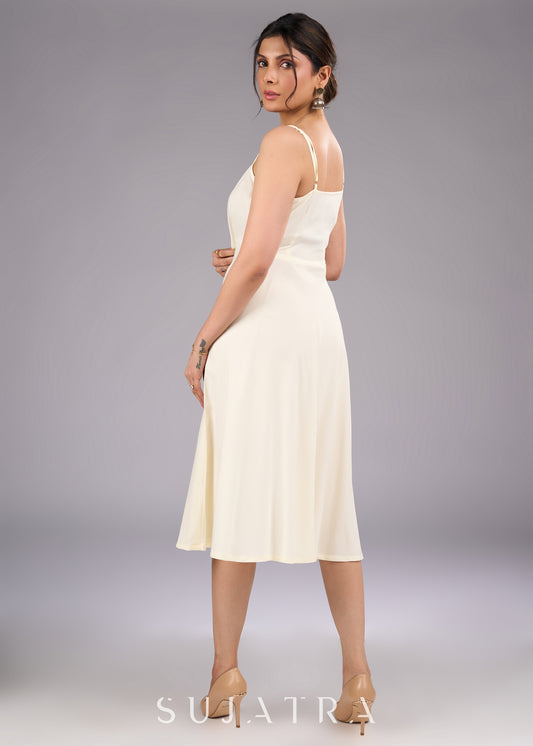 Strap into Elegance Off White Rayon Flared Dress - Viscose Shrug Optional