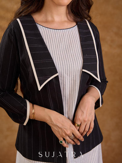 Ebony Black Stripe Cotton Cropped Formal Jacket with Sailor Collar and Ivory Trim
