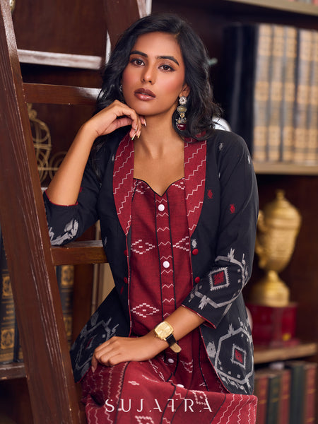 Classic Black Jamdani Weave Cotton Jacket Enhanced with a Rich Maroon Jamdani Collar