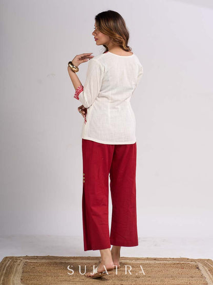 Ivory Cotton Straight Top with Madhubani Hand Painted Sleeves and Pockets