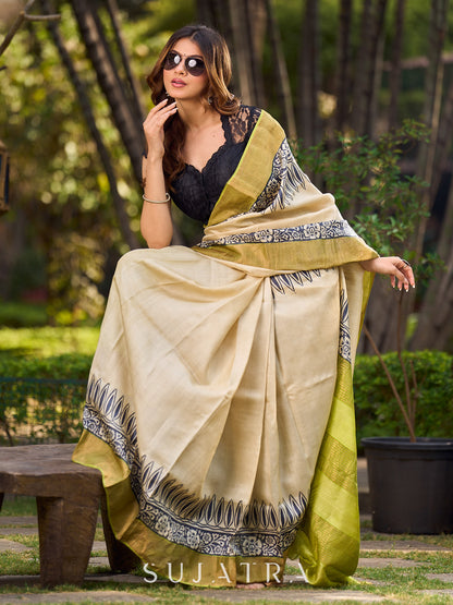 Ivory Handwoven Tussar Silk Saree with Traditional Gold Zari Detailing