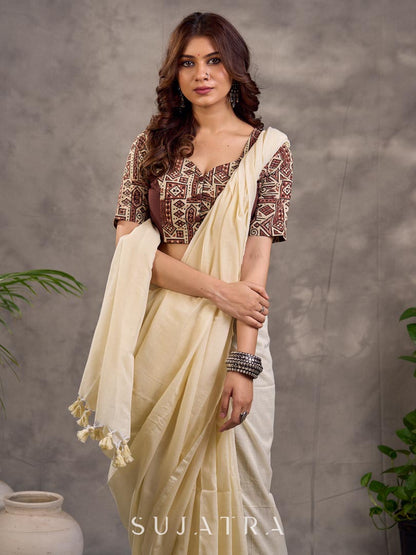Brown and Beige Geometric Print Blouse with Elbow Sleeves and Sweetheart Neckline