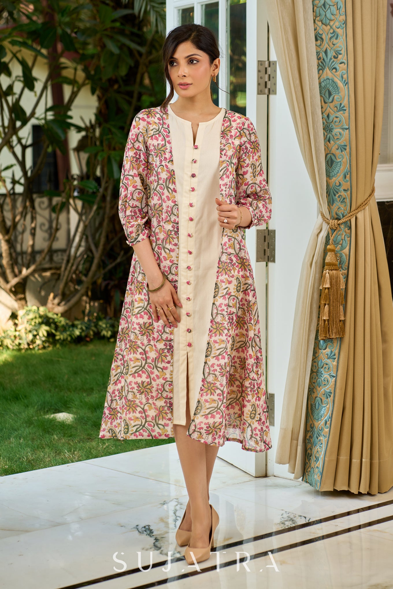 Structured Off-White Cotton Flex Sleeveless Dress with Delicate Contrast Floral Button Detailing - Jacket Optional