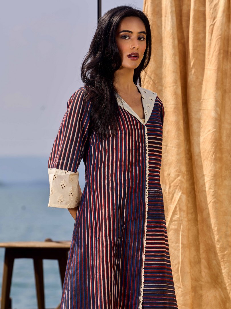 Indigo And Maroon Striped Cotton Dress With Contrast Lace & Hakoba Accents