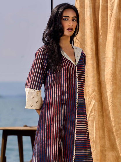 Indigo And Maroon Striped Cotton Dress With Contrast Lace & Hakoba Accents
