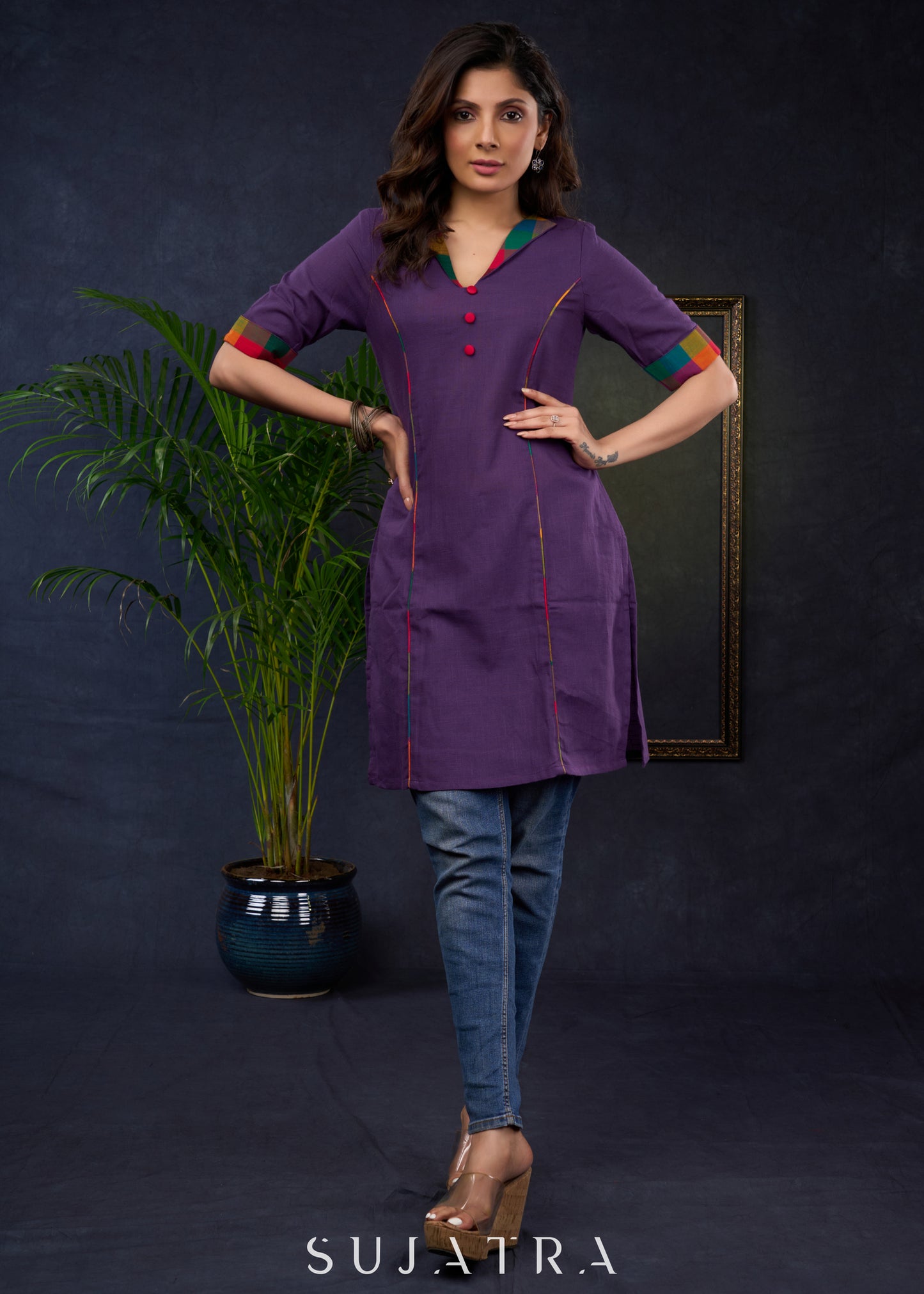 Stylish Purple Cotton Collared Tunic , For Everyday Wear