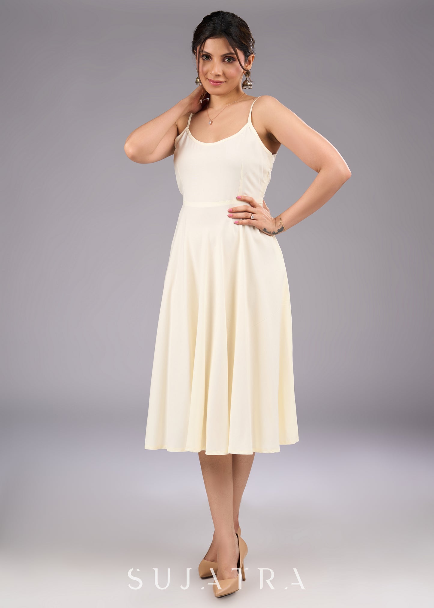 Strap into Elegance Off White Rayon Flared Dress - Viscose Shrug Optional