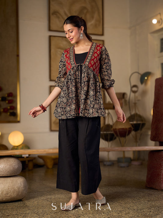 Graceful Ajrakh Printed Tie-Front Gathered Top With Elegant V Neckline And Softly Gathered Sleeves