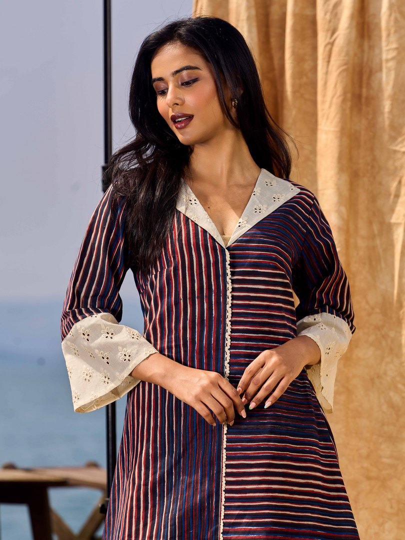 Indigo And Maroon Striped Cotton Dress With Contrast Lace & Hakoba Accents