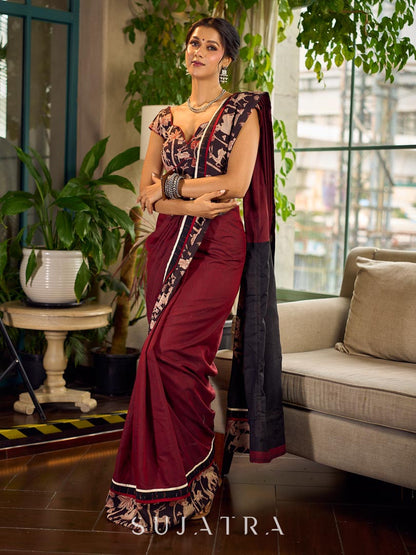 Classic Maroon-Black Dual-Tone Cotton Saree with Kalamkari Border & Pallu
