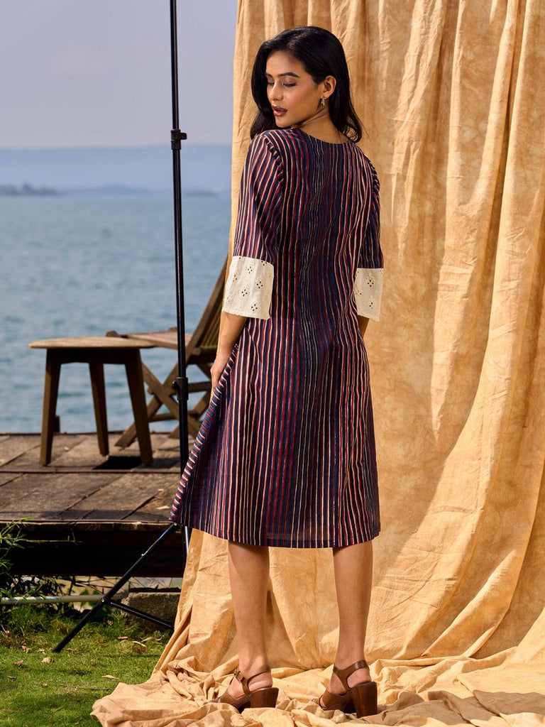 Indigo And Maroon Striped Cotton Dress With Contrast Lace & Hakoba Accents