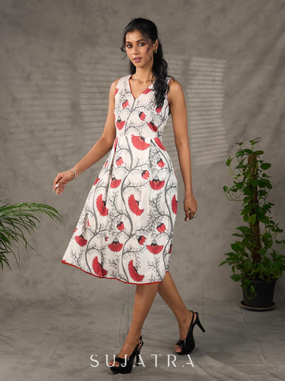 White and orange Kalamkari printed dress with elegant pintuck detailing