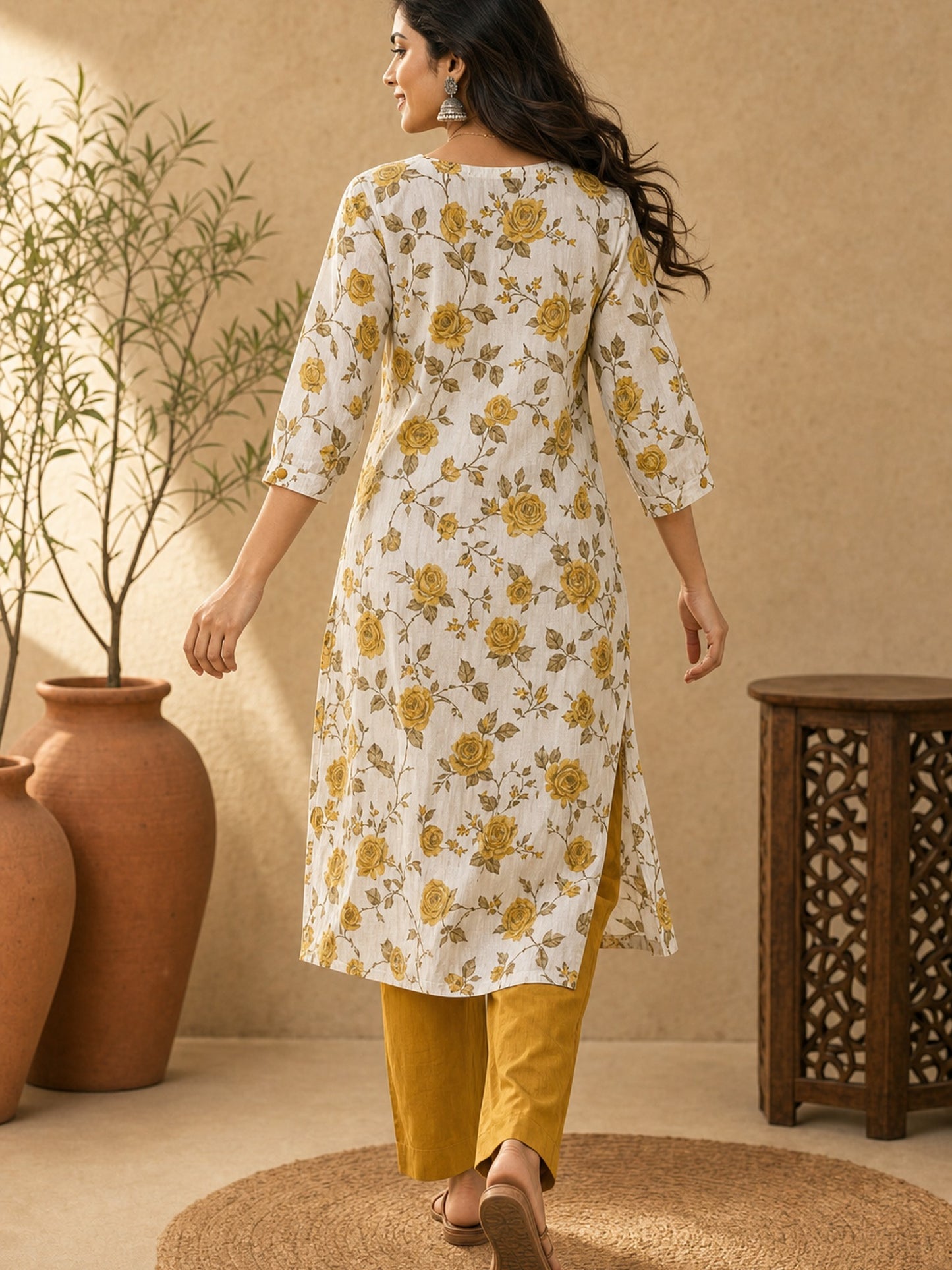 Chic White Floral Printed Cotton Kurta with Straight Silhouette